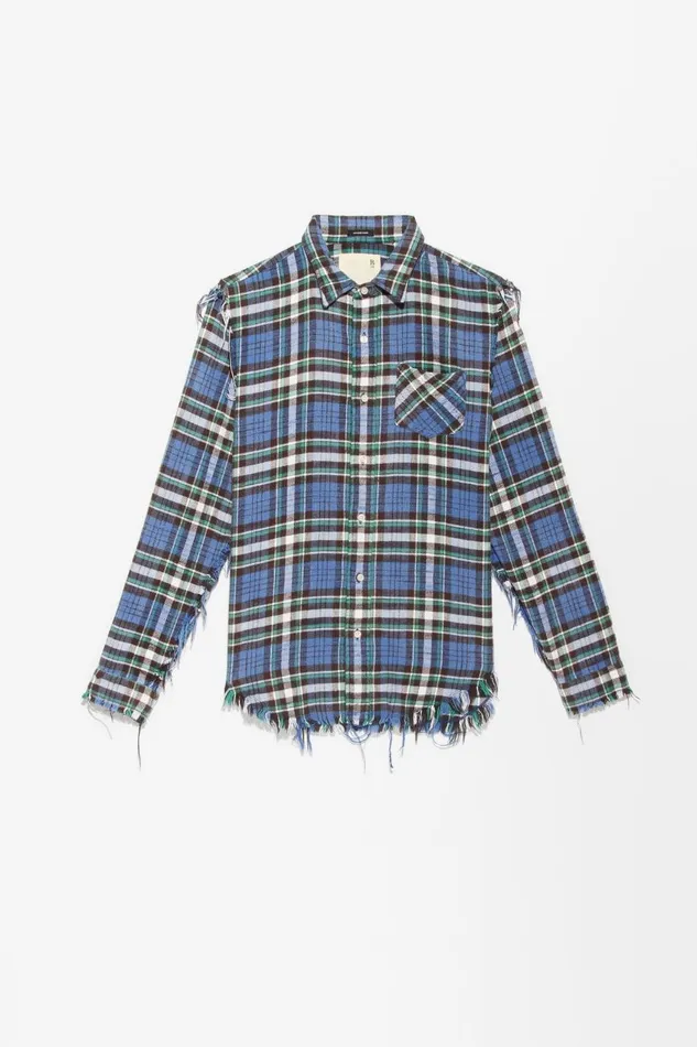 R13 Sale Women SHREDDED SEAM SHIRT 8211 BLUEGREEN PLAID