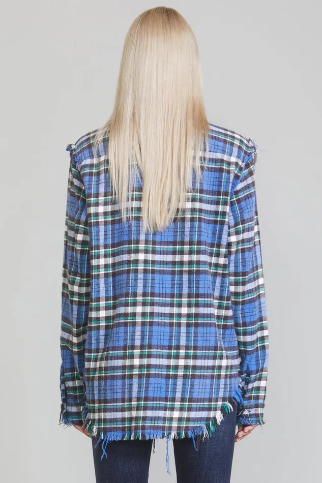 R13 Sale Women SHREDDED SEAM SHIRT 8211 BLUEGREEN PLAID