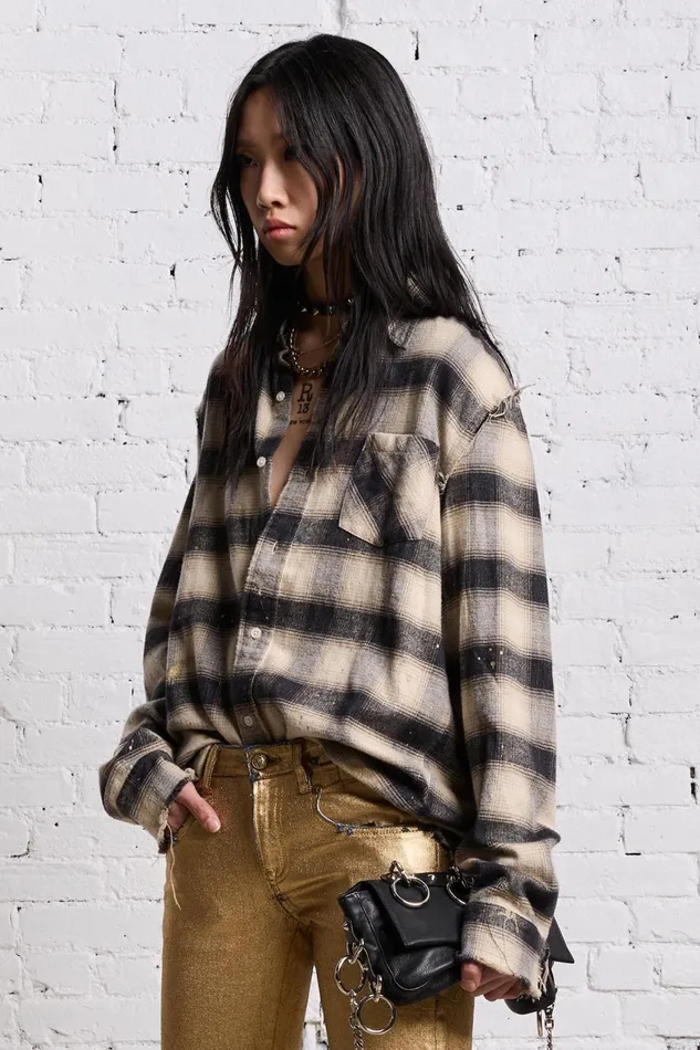 R13 Sale Women SHREDDED SEAM SHIRT 8211 GOLD SPLATTERED BLACK PLAID