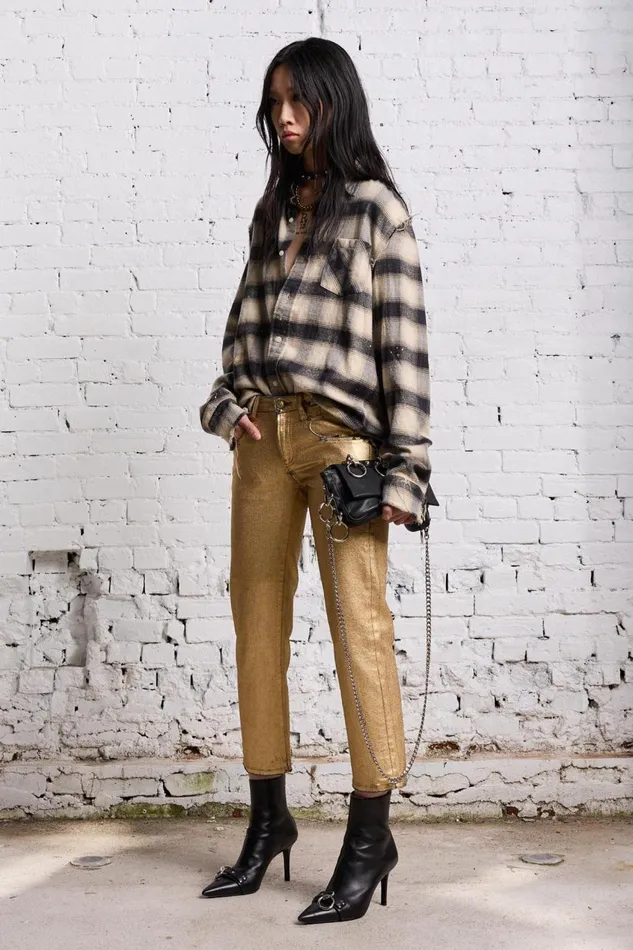 R13 Sale Women SHREDDED SEAM SHIRT 8211 GOLD SPLATTERED BLACK PLAID