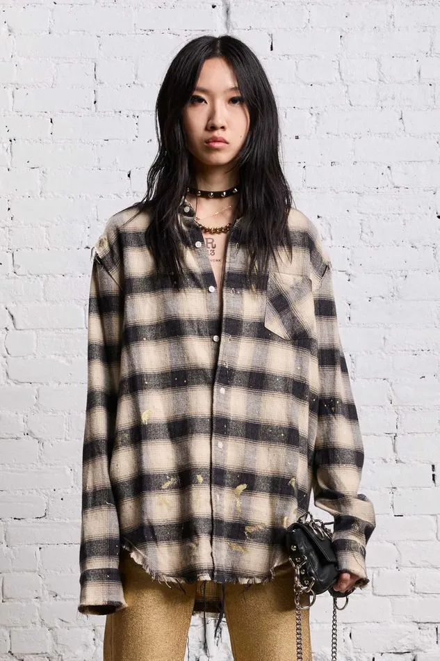 R13 Sale Women SHREDDED SEAM SHIRT 8211 GOLD SPLATTERED BLACK PLAID