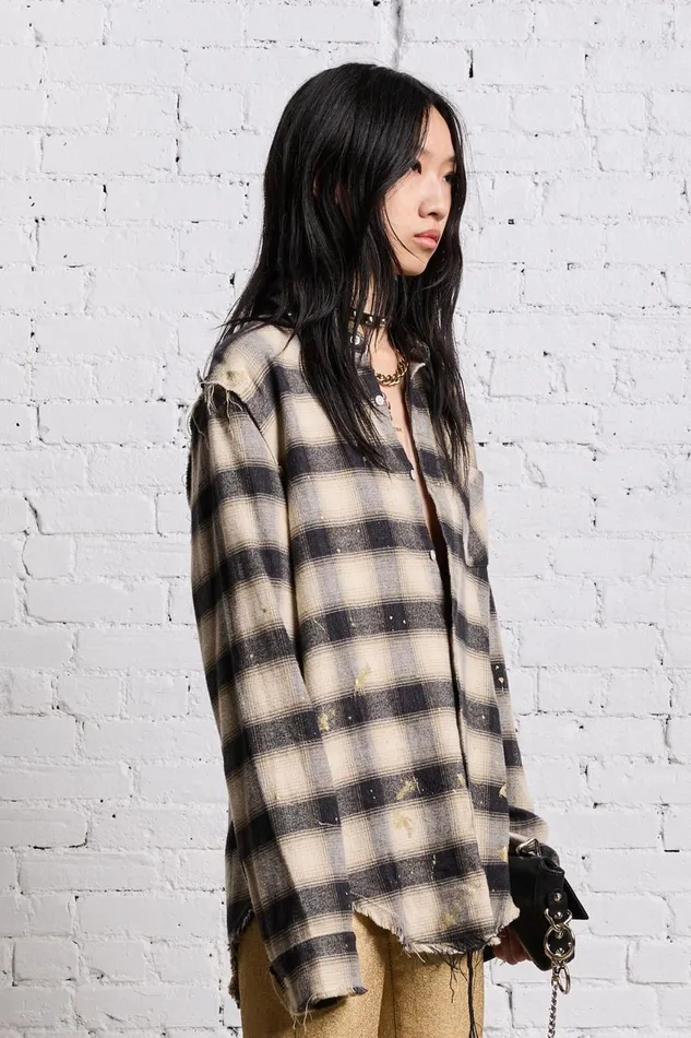 R13 Sale Women SHREDDED SEAM SHIRT 8211 GOLD SPLATTERED BLACK PLAID