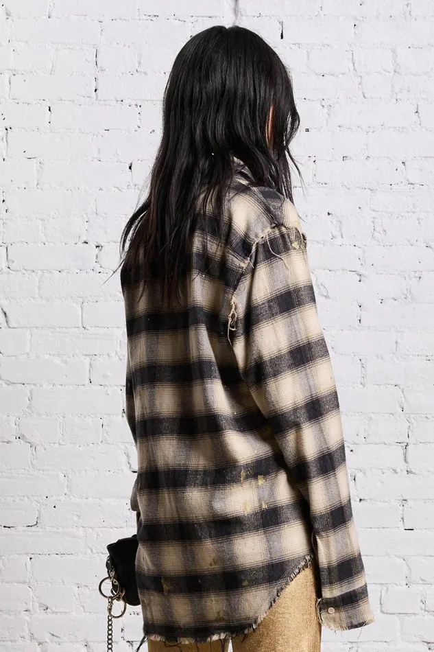 R13 Sale Women SHREDDED SEAM SHIRT 8211 GOLD SPLATTERED BLACK PLAID