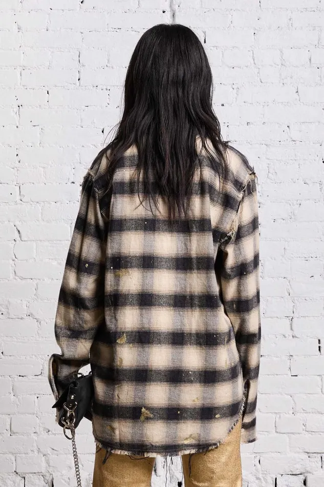 R13 Sale Women SHREDDED SEAM SHIRT 8211 GOLD SPLATTERED BLACK PLAID