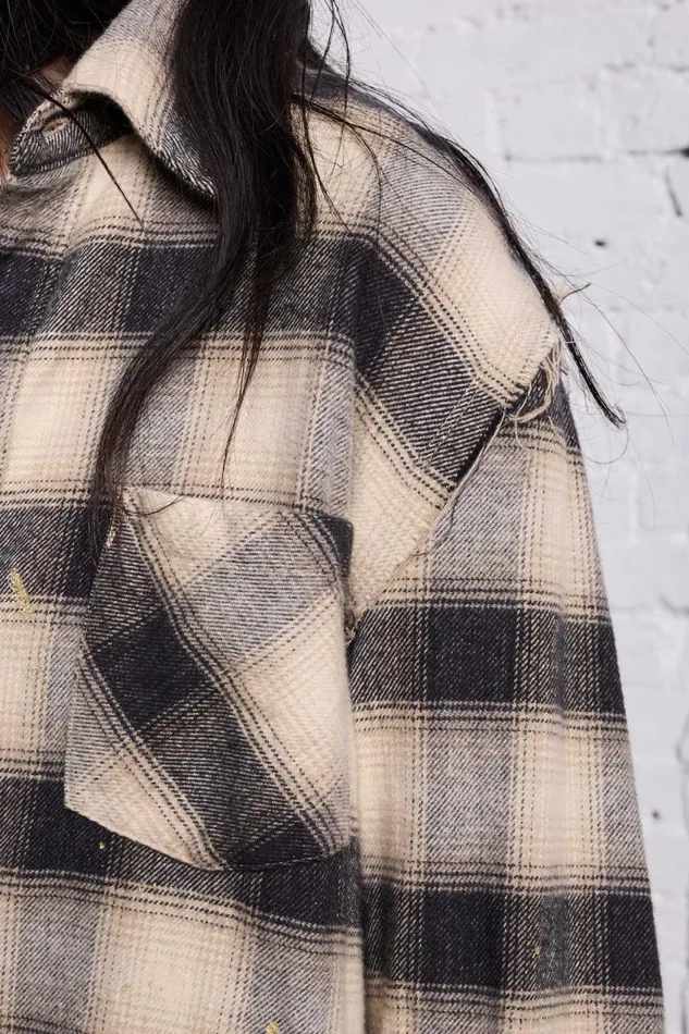 R13 Sale Women SHREDDED SEAM SHIRT 8211 GOLD SPLATTERED BLACK PLAID