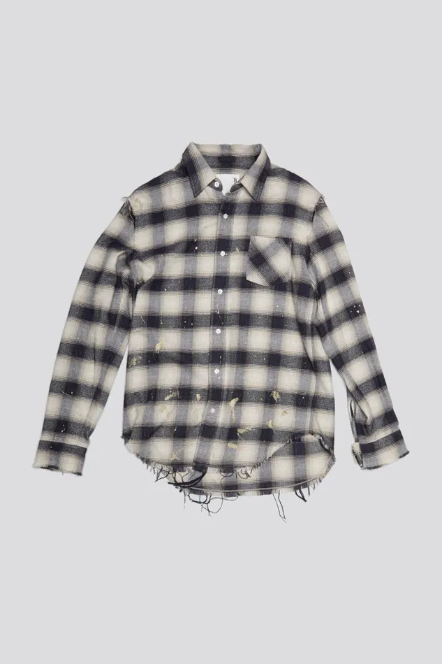 R13 Sale Women SHREDDED SEAM SHIRT 8211 GOLD SPLATTERED BLACK PLAID