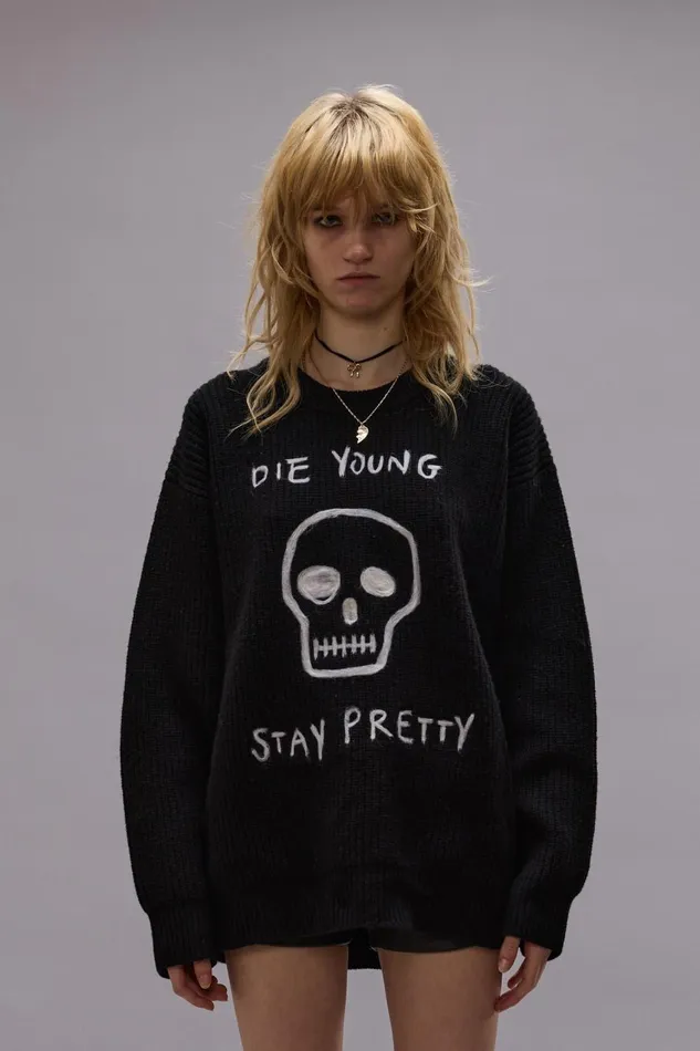 R13 Sweaters Women DIE YOUNG BOYFRIEND SWEATER 8211 BLACK WITH NEEDLE PUNCHED GRAPHIC