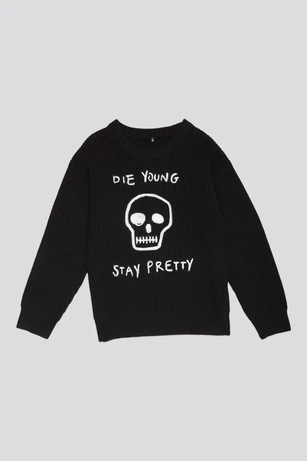 R13 Sweaters Women DIE YOUNG BOYFRIEND SWEATER 8211 BLACK WITH NEEDLE PUNCHED GRAPHIC