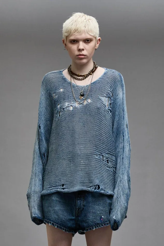 R13 Sweaters Women DISTRESSED BOYFRIEND CREWNECK 8211 LIGHT INDIGO