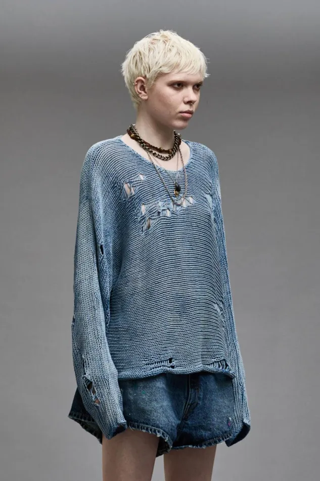 R13 Sweaters Women DISTRESSED BOYFRIEND CREWNECK 8211 LIGHT INDIGO