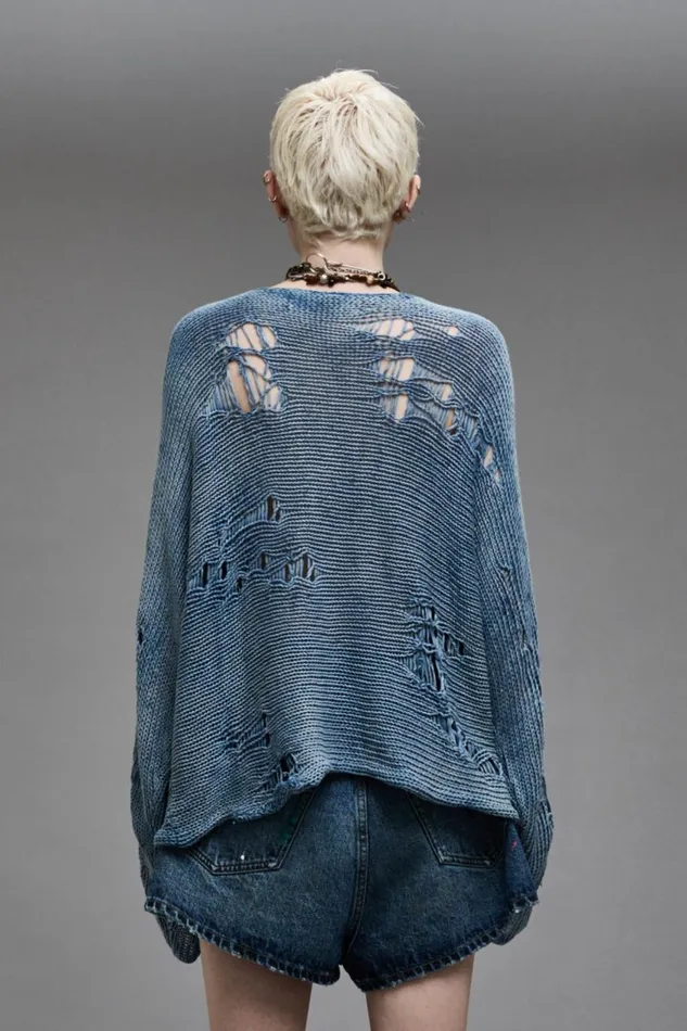 R13 Sweaters Women DISTRESSED BOYFRIEND CREWNECK 8211 LIGHT INDIGO