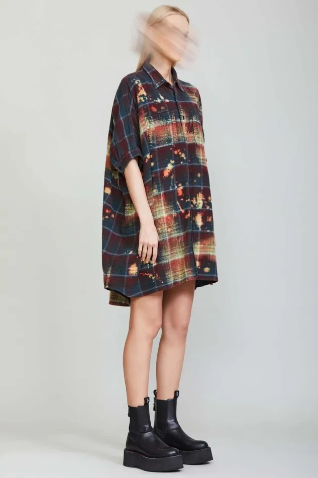 R13 Tops Women BLEACHED PLAID OVERSIZED BOXY SHIRTDRESS