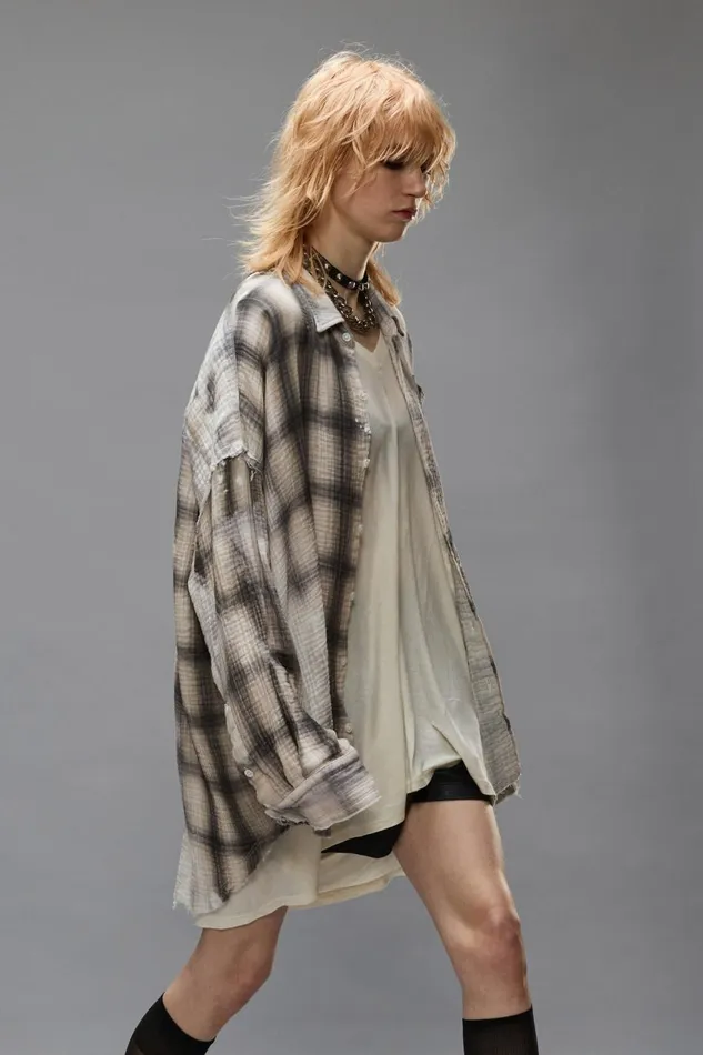 R13 Tops Women SHREDDED SEAM DROP NECK SHIRT 8211 PRINTED GREY PLAID