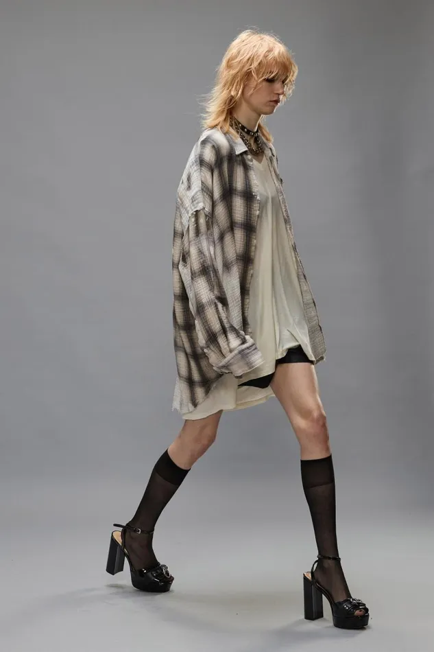 R13 Tops Women SHREDDED SEAM DROP NECK SHIRT 8211 PRINTED GREY PLAID