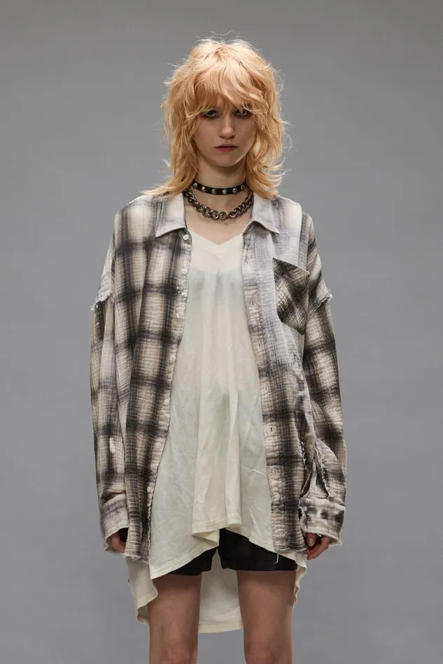 R13 Tops Women SHREDDED SEAM DROP NECK SHIRT 8211 PRINTED GREY PLAID
