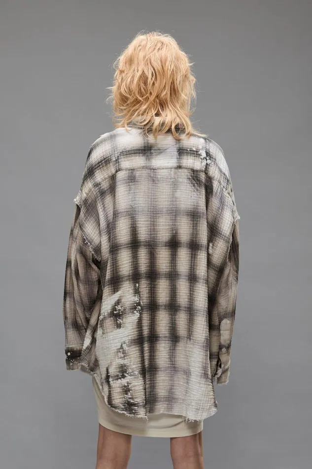 R13 Tops Women SHREDDED SEAM DROP NECK SHIRT 8211 PRINTED GREY PLAID