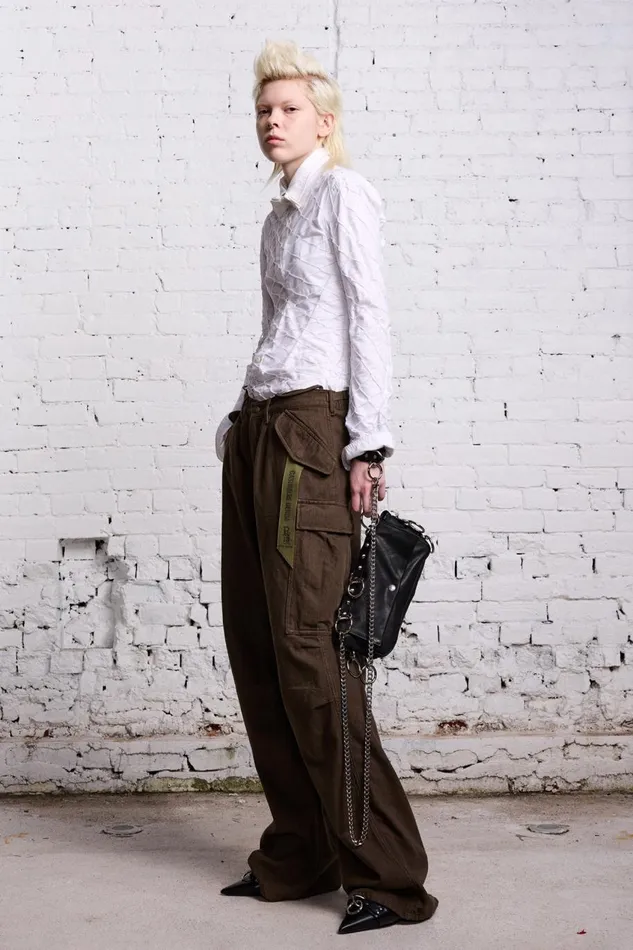 R13 Wide Leg Women DAMON CARGO PANT 8211 OLIVE CASHMERE DENIM