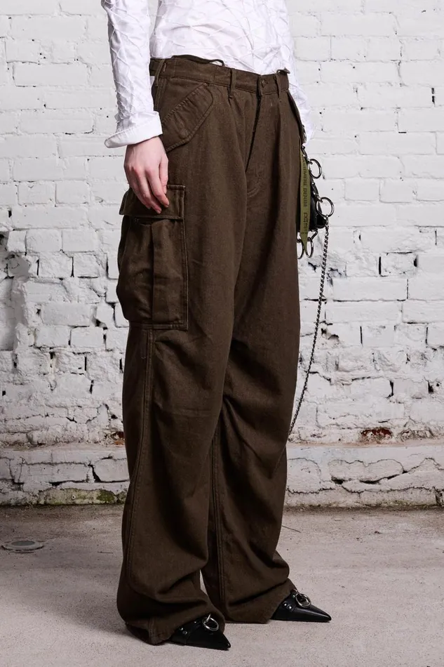 R13 Wide Leg Women DAMON CARGO PANT 8211 OLIVE CASHMERE DENIM
