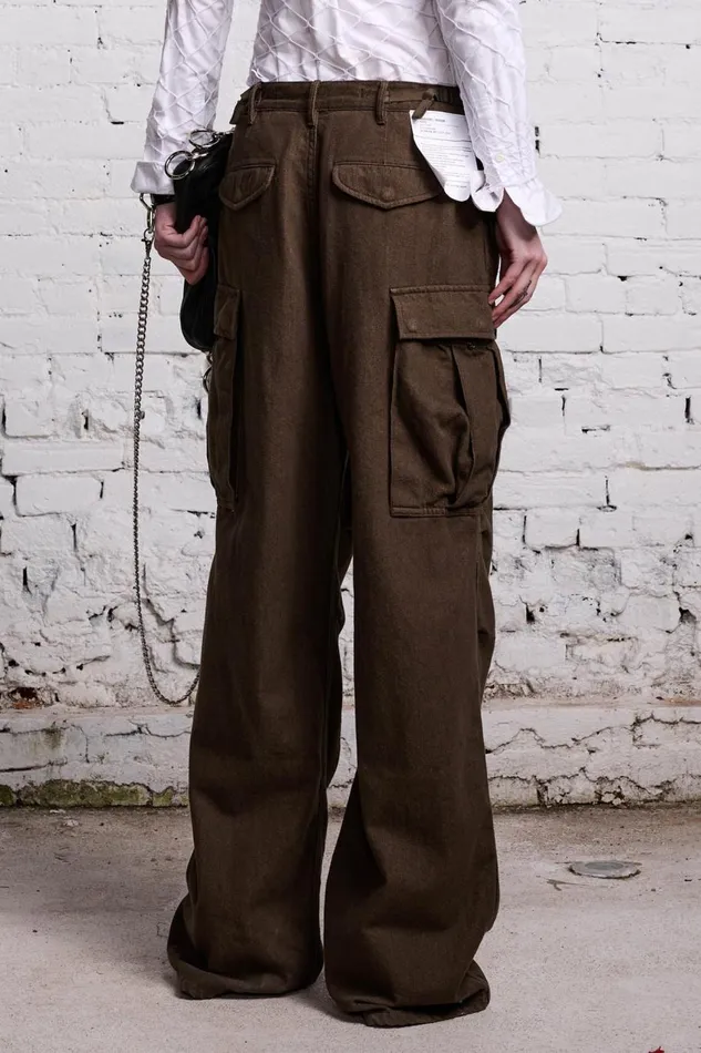 R13 Wide Leg Women DAMON CARGO PANT 8211 OLIVE CASHMERE DENIM