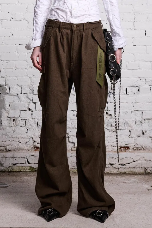 R13 Wide Leg Women DAMON CARGO PANT 8211 OLIVE CASHMERE DENIM