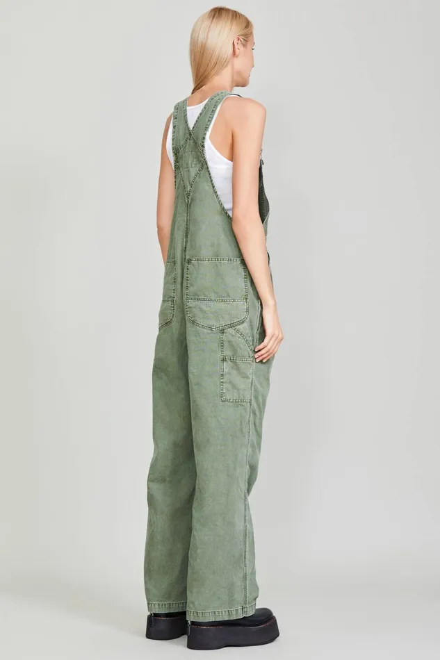 R13 Wide Leg Women DAMON OVERALL 8211 OLIVE GARMENT DYE