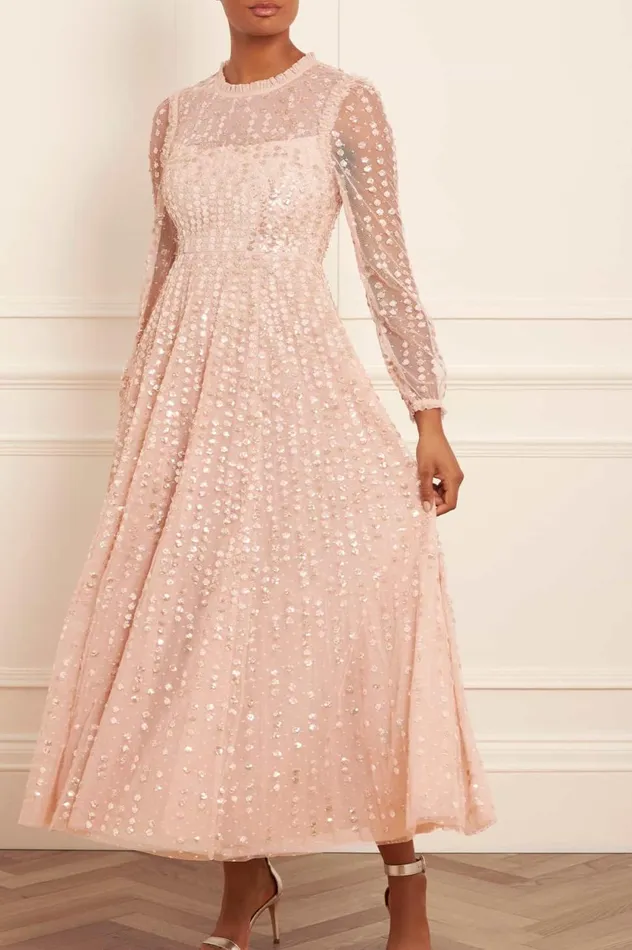 Raindrop Long Sleeve Ankle Gown Beige Women Needle and Thread Dresses
