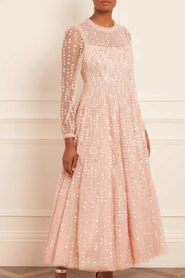 Raindrop Long Sleeve Ankle Gown Beige Women Needle and Thread Dresses