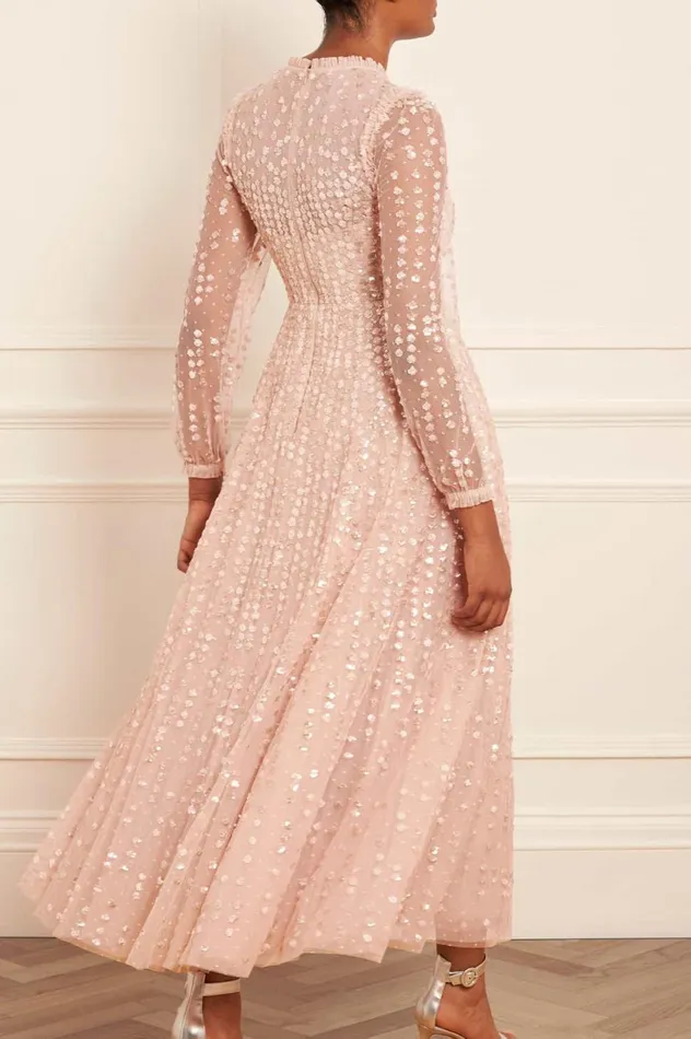 Raindrop Long Sleeve Ankle Gown Beige Women Needle and Thread Dresses