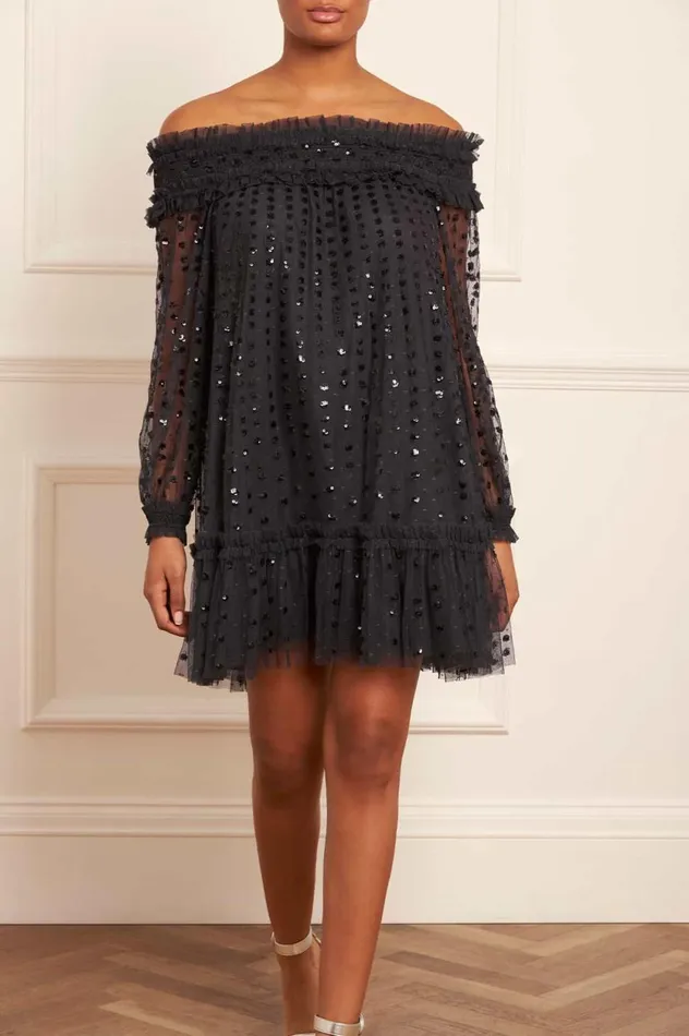 Raindrop Smocked OffShoulder Micro Mini Dress Black Women Needle and Thread Dresses