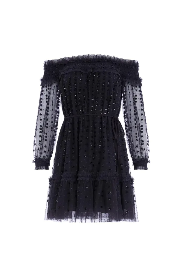 Raindrop Smocked OffShoulder Micro Mini Dress Black Women Needle and Thread Dresses
