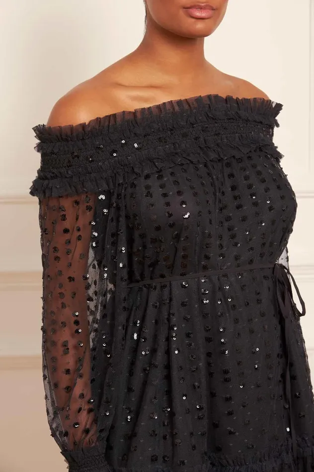 Raindrop Smocked OffShoulder Micro Mini Dress Black Women Needle and Thread Dresses