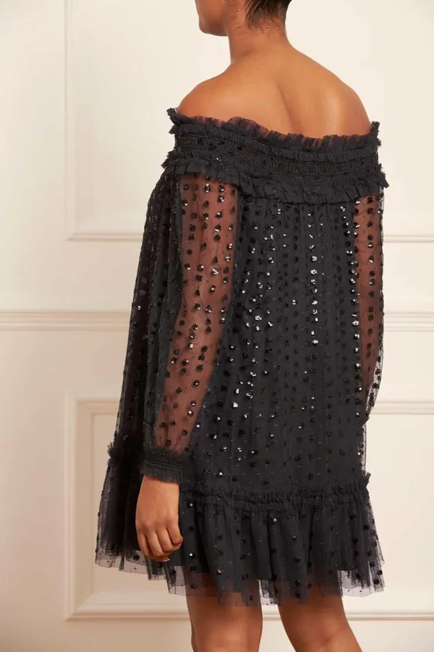 Raindrop Smocked OffShoulder Micro Mini Dress Black Women Needle and Thread Dresses
