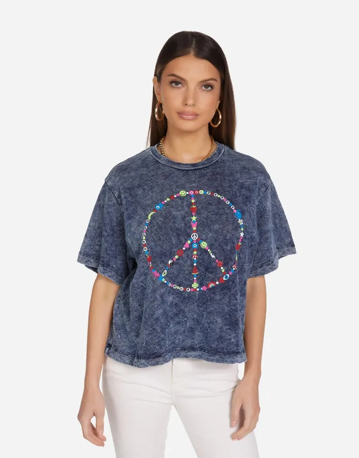 Rue Charm Peace Sign Acid Denim Women039s Lauren Moshi Short Sleeve
