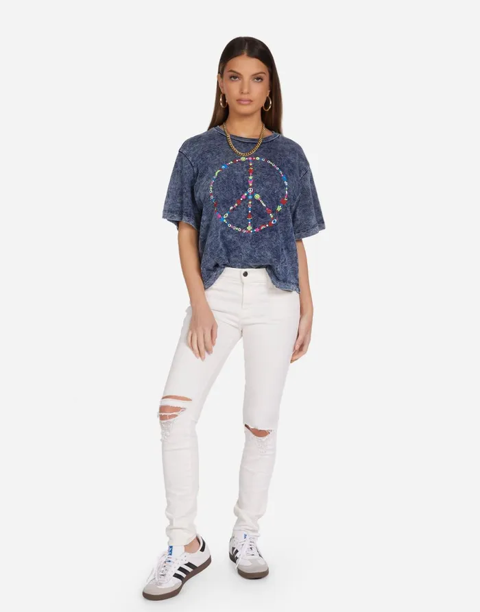 Rue Charm Peace Sign Acid Denim Women039s Lauren Moshi Short Sleeve