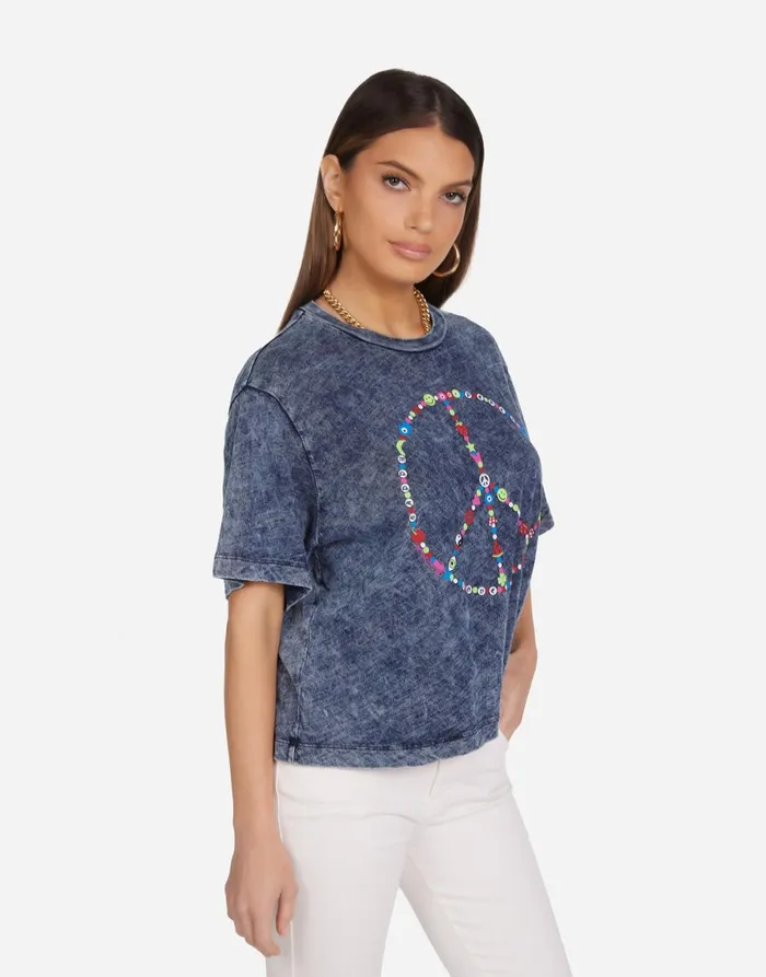 Rue Charm Peace Sign Acid Denim Women039s Lauren Moshi Short Sleeve