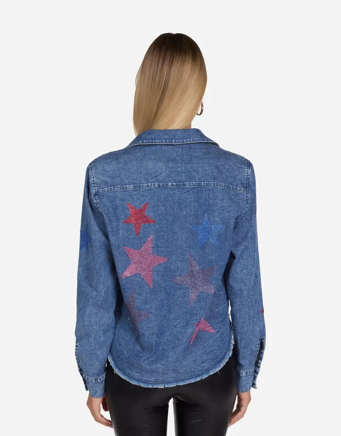 Saba Color Crystal Multi Stars Vintage Denim Women039s Lauren Moshi Long Sleeve