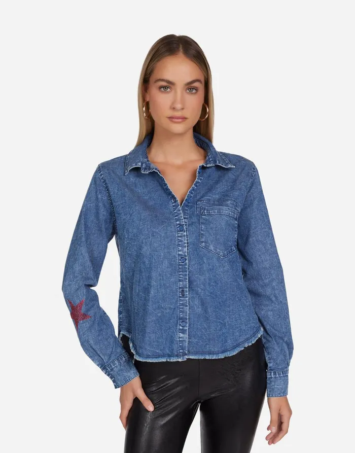 Saba Color Crystal Multi Stars Vintage Denim Women039s Lauren Moshi Long Sleeve