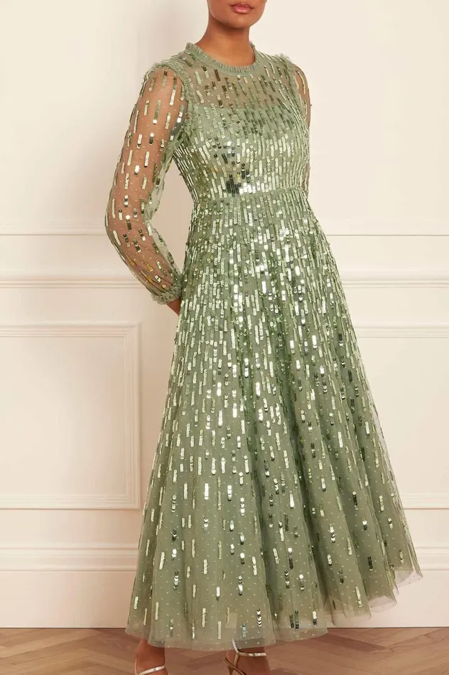 Sequin Dash Long Sleeve Ankle Gown Green Women Needle and Thread Dresses