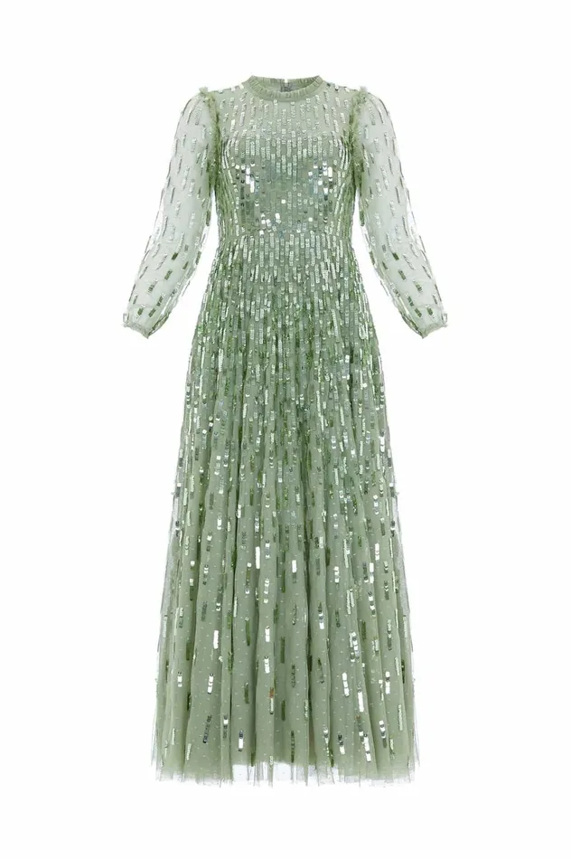 Sequin Dash Long Sleeve Ankle Gown Green Women Needle and Thread Dresses