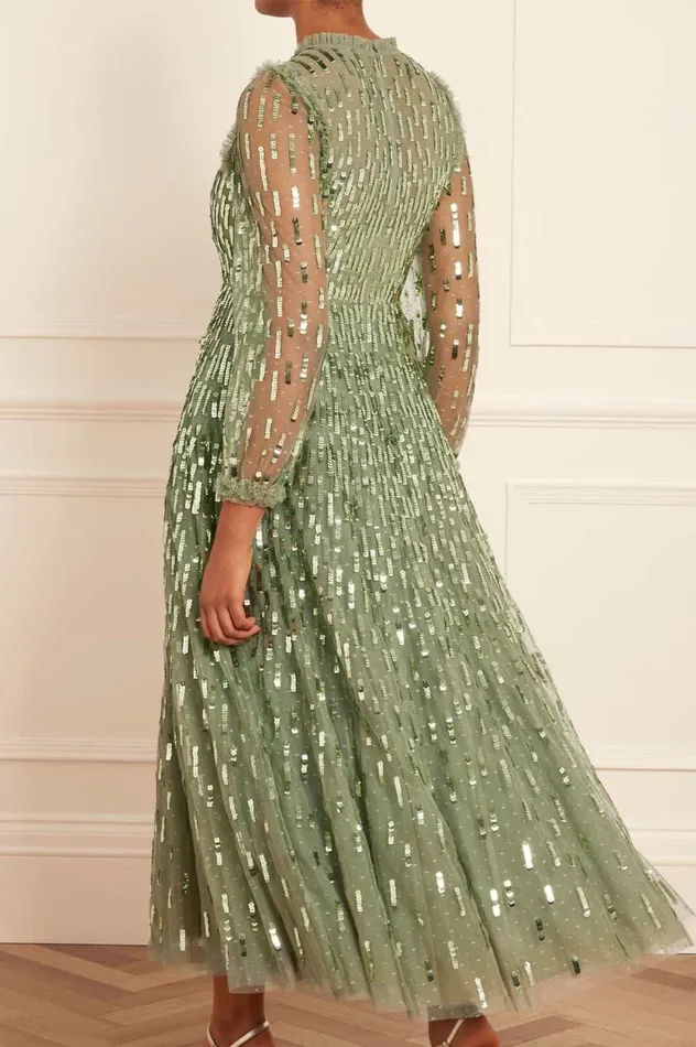 Sequin Dash Long Sleeve Ankle Gown Green Women Needle and Thread Dresses