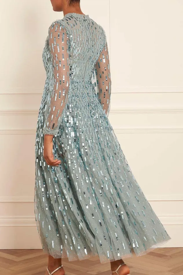 Sequin Dash Long Sleeve Ankle Gown Green Women Needle and Thread Dresses