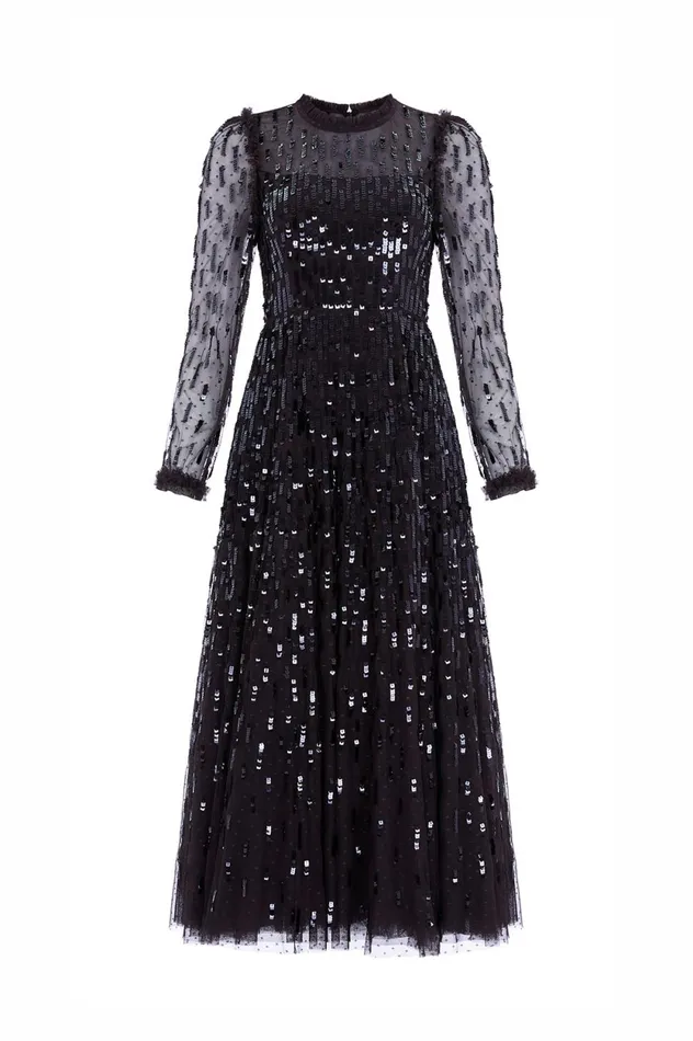 Sequin Dash Long Sleeve Gown Black Women Needle and Thread Dresses