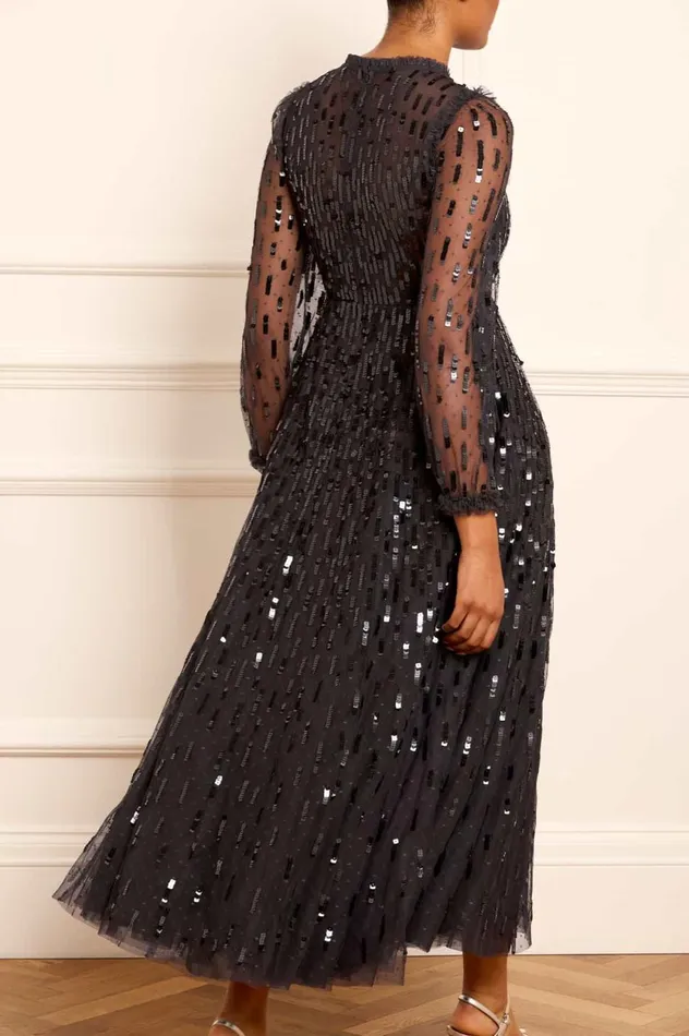 Sequin Dash Long Sleeve Gown Black Women Needle and Thread Dresses