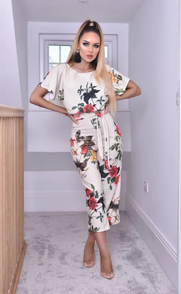 Sheila Ivory Floral Batwing Belted Culotte Jumpsuit Women Missfiga Jumpsuits