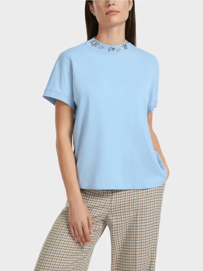 Shirts and Tops Damen Marc Cain TShirt Mit Perlenbesetztem Kragen Dark Summer Sky