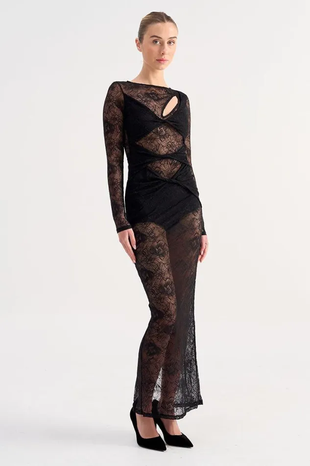 Shop SUBOO Dresses Gemini Long Sleeve Twist Front Lace Maxi and Maxi Skirt Slip