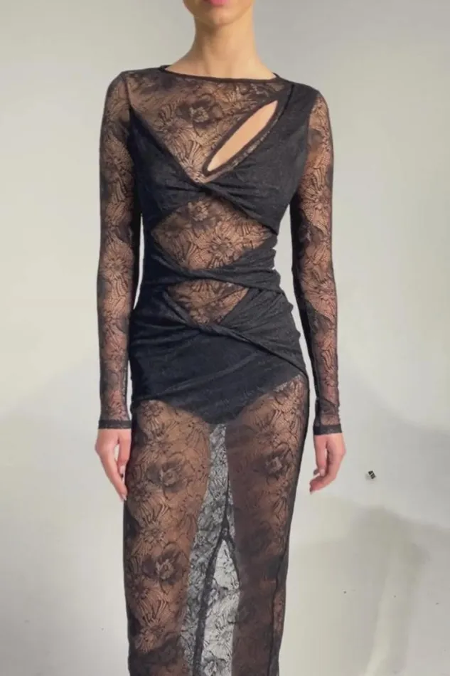 Shop SUBOO Dresses Gemini Long Sleeve Twist Front Lace Maxi and Maxi Skirt Slip