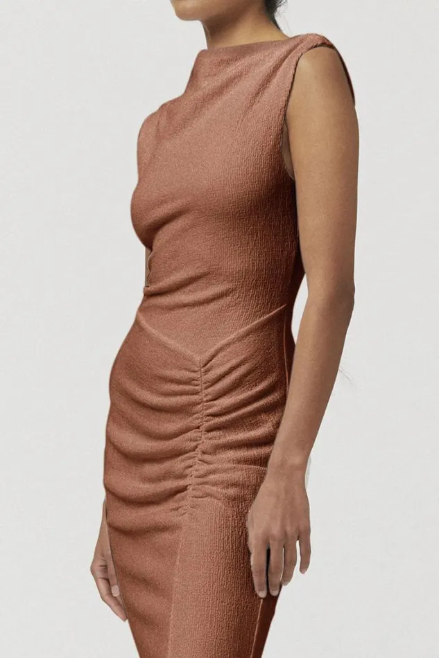 Shop SUBOO Dresses Vega Ruched Front Midi Dress 8211 Tan