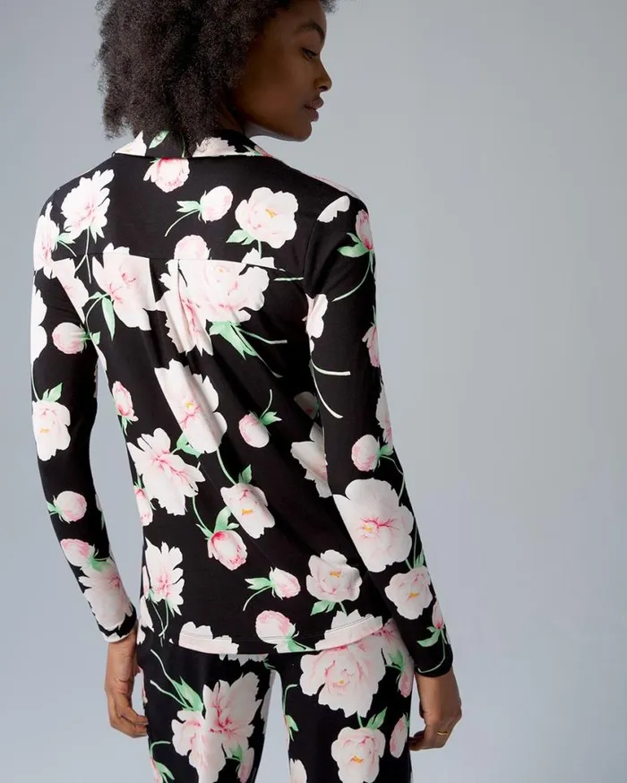 Soma Cool Nights Long Sleeve Notch Collar Pretty Peony Black Women Pajama Tops