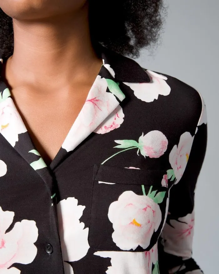 Soma Cool Nights Long Sleeve Notch Collar Pretty Peony Black Women Pajama Tops